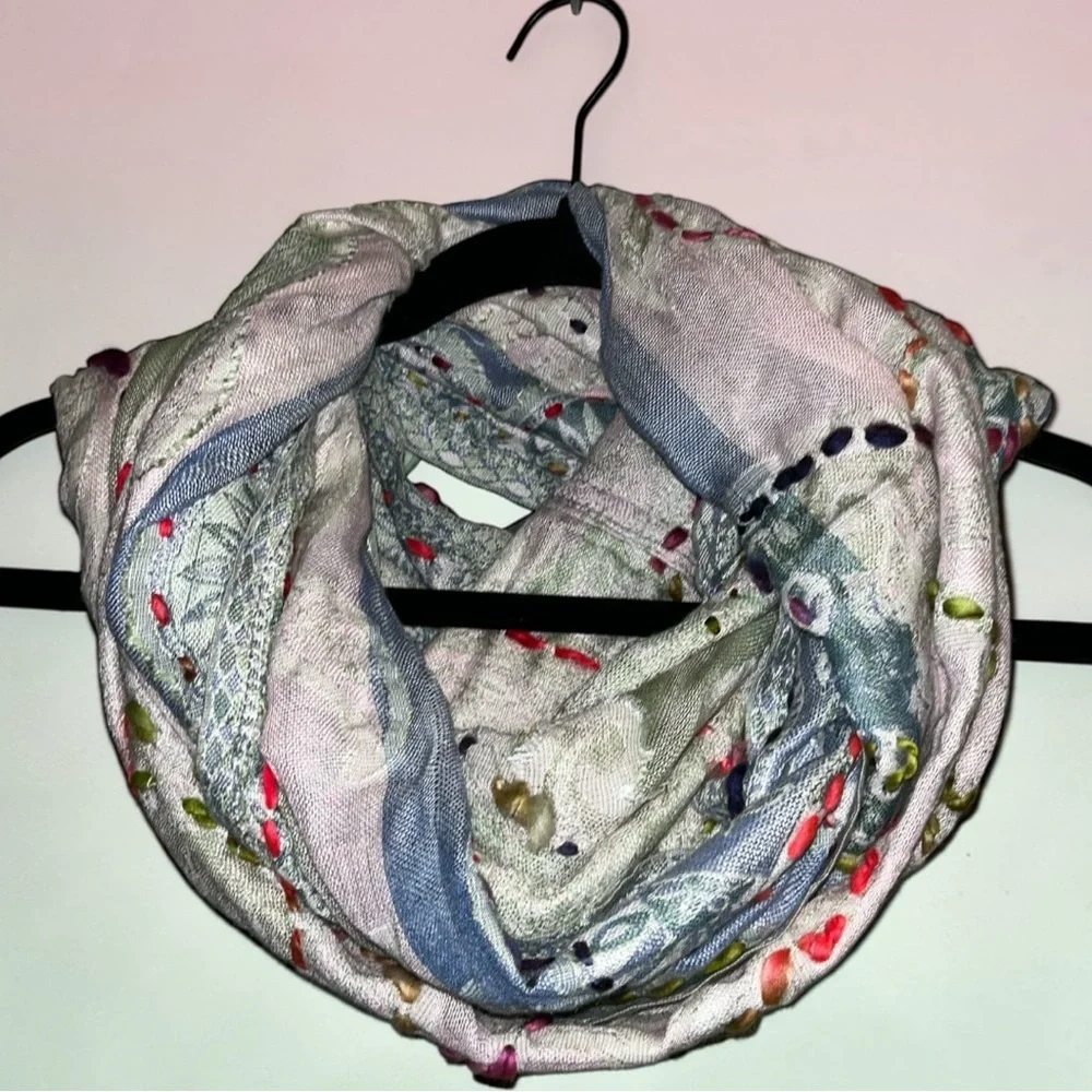 Raj Light Gray Multicolor Patterned Hand Stitched Infinity Scarf -Raj 3